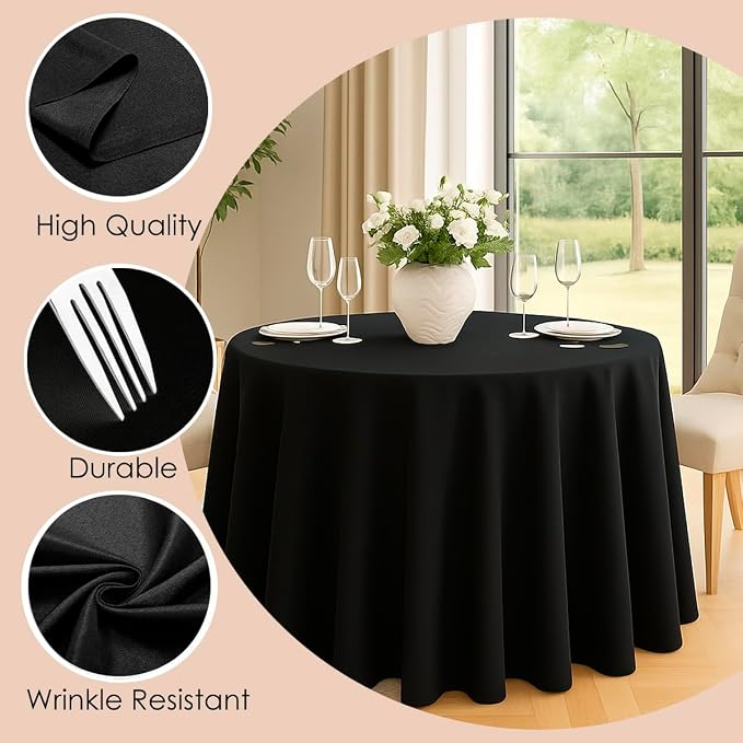 10 Pack 108 Inch Black Round Tablecloth, Polyester Fabric Washable Table Cloth for Home, Party, Wedding or Restaurant Use.