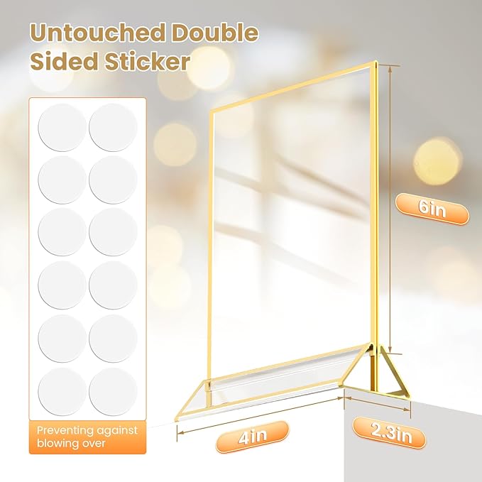 Gold Frames 4X6 Acrylic Sign Holder Double-Sided Gold Picture Frames for Menu Holder Wedding Table Number Holder Christmas Photo Frames with Removable Clear Sticky Dots-12 Pack