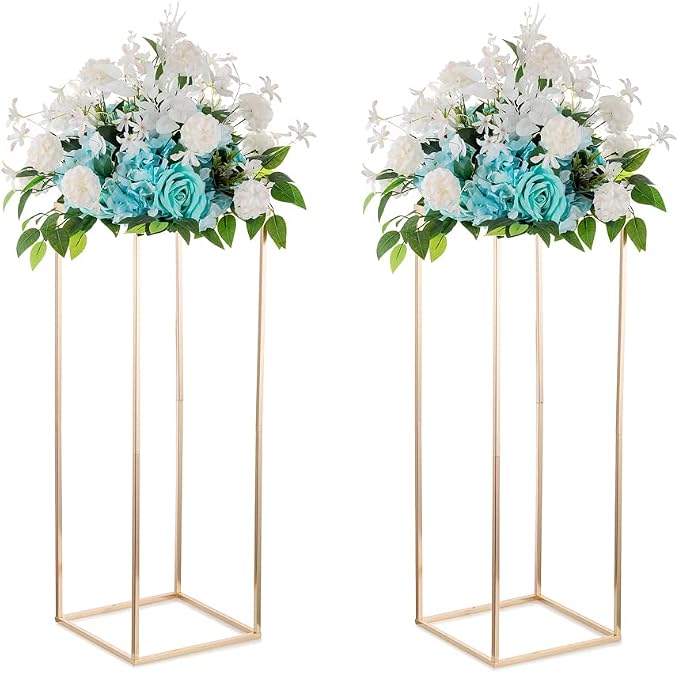 Gold Tall Stand for Wedding: 34.5in, With Metal Panel, Packs of 2 | Columnar Cube Shape, Easy to Assembly, Flowers Cakes Drinks Display Table Centerpieces for Wedding Party Event
