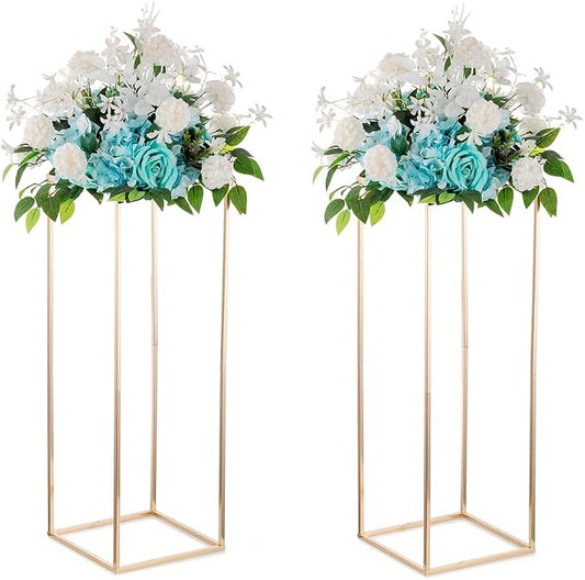 Gold Tall Stand for Wedding: 34.5in, With Metal Panel, Packs of 2 | Columnar Cube Shape, Easy to Assembly, Flowers Cakes Drinks Display Table Centerpieces for Wedding Party Event