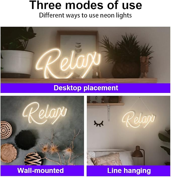 Relax Neon Sign Unique Art Ornaments with Dimmable Switch, 5V USB Powered Cool Neon Relax Signs for Wall Decor, Bedroom, Living Room, Bathroom Decoration Valentine's Day SPA Decor (Warm White)