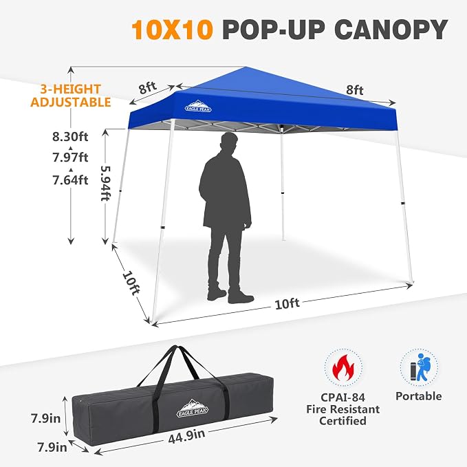 EAGLE PEAK 10x10 Slant Leg Pop-up Canopy Tent Easy One Person Setup Instant Outdoor Beach Canopy Folding Portable Sports Shelter 10x10 Base 8x8 Top (Blue)