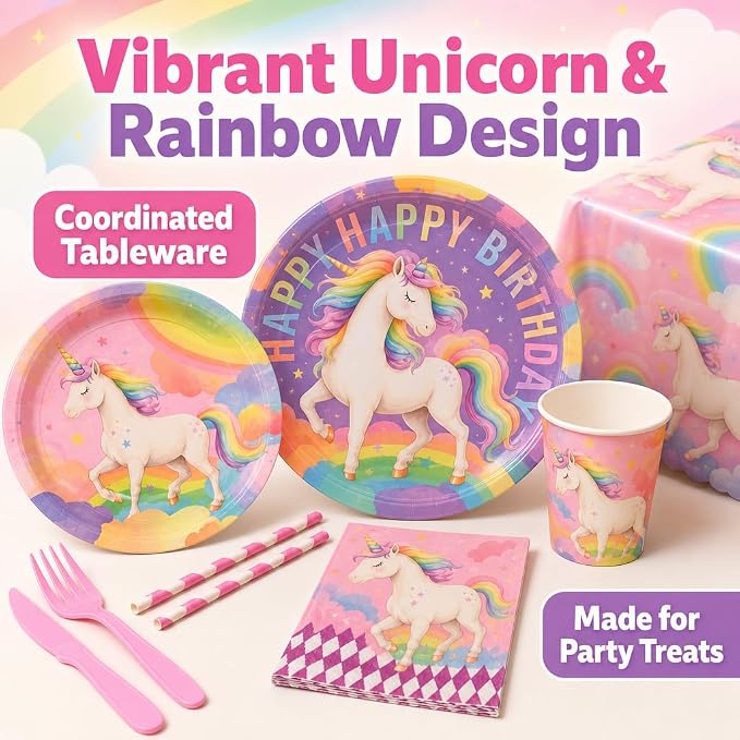 Unicorn Birthday Party Supplies, 146 PCS Rainbow Party Decorations Tableware Kit Serves 24 Guests with Plates, Cups, Napkins, Banner, Cutlery, Tablecloth & Straws for Kids Girls Boys