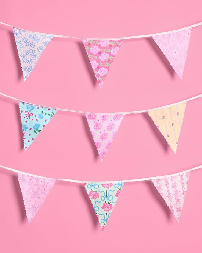 xo, Fetti Tea Party Bunting Banner - 32 Pieces 30ft | Garden Party Garland, Pastel Floral Decor, Birthday, Easter Pennants, Spring, Mother's Day, Pink Blue Purple