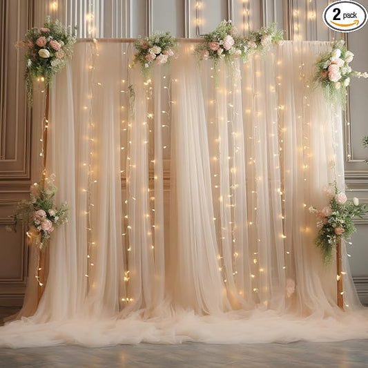 10x8ft Champagne Tulle Backdrop Curtain with Lights String for Parites, Sheer Photo Backdrop Curtains with Lights for Wedding Backdrop Ceremony Reception Bridal Shower Baby Shower Birthday Party
