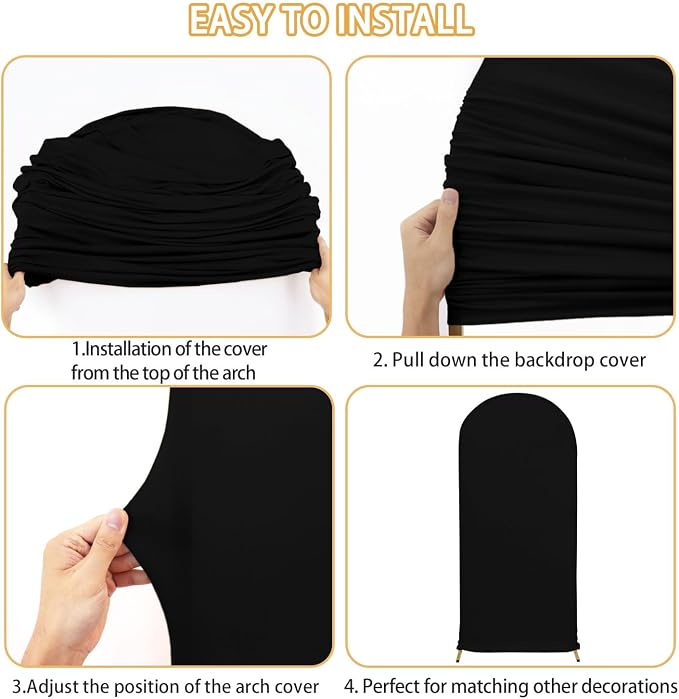 FUHSY Black Arch Cover Set of 2 Fitted Arch Covers Spandex Backdrop Covers Round Top Chiara Backdrop Stand Covers Double Sided Wedding Arch Stand Covers for Halloween Birthday Party Decor 6FT, 7.2FT