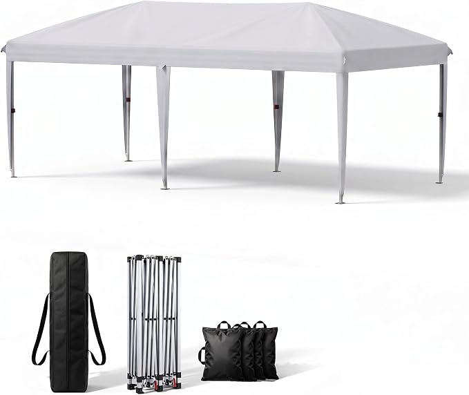 10x20 FT Portable Pop Up Canopy Tent with Sandbags, Adjustable Height Instant Gazebo Without Sidewalls,Waterproof Outdoor Canopy for Camping, Parties, Vendor Events (White, 3m × 6m Without sidewalls)