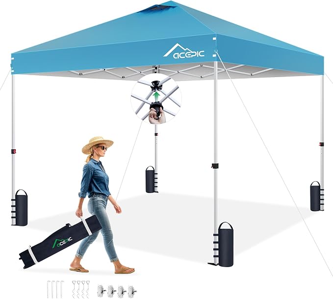 Acepic 10x10 Pop Up Canopy Tent,300D Silver-Coating Top,Pop Up Canopy Tent Instant Portable Shelter with 1-Button Push and Wheel Carry Bag, 8 Stakes and 4 Upgraded Canopy Weights (Serene Blue, 10x10)