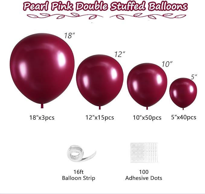 108Pcs Burgundy Double Stuffed Balloons Different Size, 18/12/10/5 inch Maroon Wine Red Balloons Garland Arch kit for Birthday Mother Day Baby Shower Wedding Party Decorations