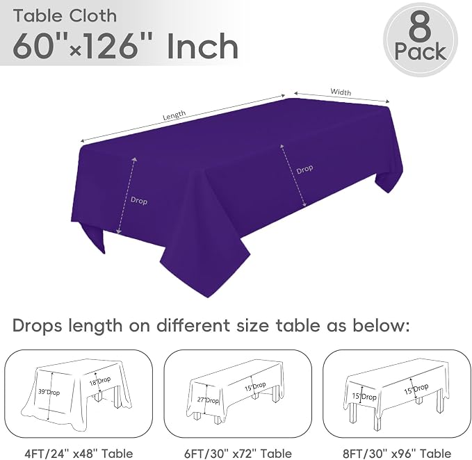 8 Pack Purple Tablecloth 60 x 126 Inch Rectangular Table Cloth for 8 Foot Rectangle Tables, Wrinkle Resistant Washable Rectangle Fabric Table Covers for Wedding Party Banquet Buffet and Camping
