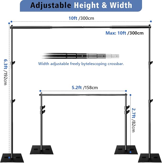 SLOW DOLPHIN Pipe and Drape Photography Backdrop Stand Kit Adjustable Photo Background Stand 10ft x 6.5ft with Metal Base for Parties Weddings Birthday Party Events Photo Booth