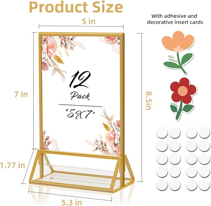 PPH-Sisy Gold Frames 5x7 Acrylic Sign Holder Double Sided Picture Frames for Wedding Table Number Menu Flyer Display for Office Home Party- Pack of 12