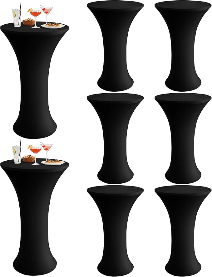 KeyWave Cocktail High Top Table Covers - 24x43 Inch Fitted Spandex Round Cocktail Tablecloth for Bar Height Standing Table Cloths Reusable, for Party Bistro Wedding Event Decorations, Black, 8 Pack
