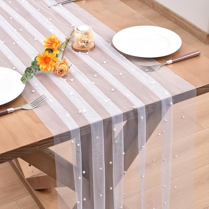 White Pearl Table Runner Boho Rustic Tulle Lace Dining Baby Shower Wedding Arch Decor Veil Dessert Holiday Centerpiece Table Decor 3pcs