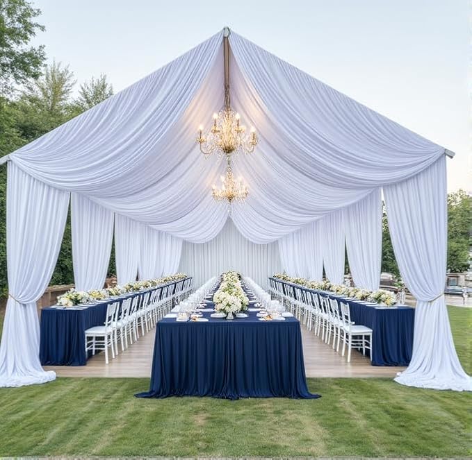 4Panels White Wedding Drapes, 5ftx40ft Wrinkle Free Tent Draping Curtains, Fabric Canopy Ceiling Drapes for Ceremony Birthday Theme Parties with Rod Pocket