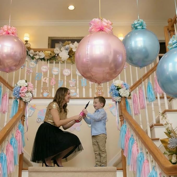 6 Pack Pink and Blue 4D Orb Balloons - 22 Inch Large Metallic Sphere Mylar Balloons with Pull Bows, Hanging Ceiling Decorations for Gender Reveal, Baby Shower & Baby Birthday Party