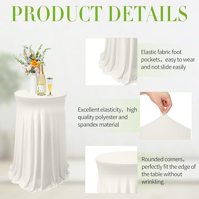 Tegeme 4 Packs Round Spandex Cocktail Tablecloths with Skirt 32 x 43 Inch Cocktail Round Table Cover Spandex Stretch Square Tablecloth Skirt for Table Bar Wedding Party Banquet(Ivory)