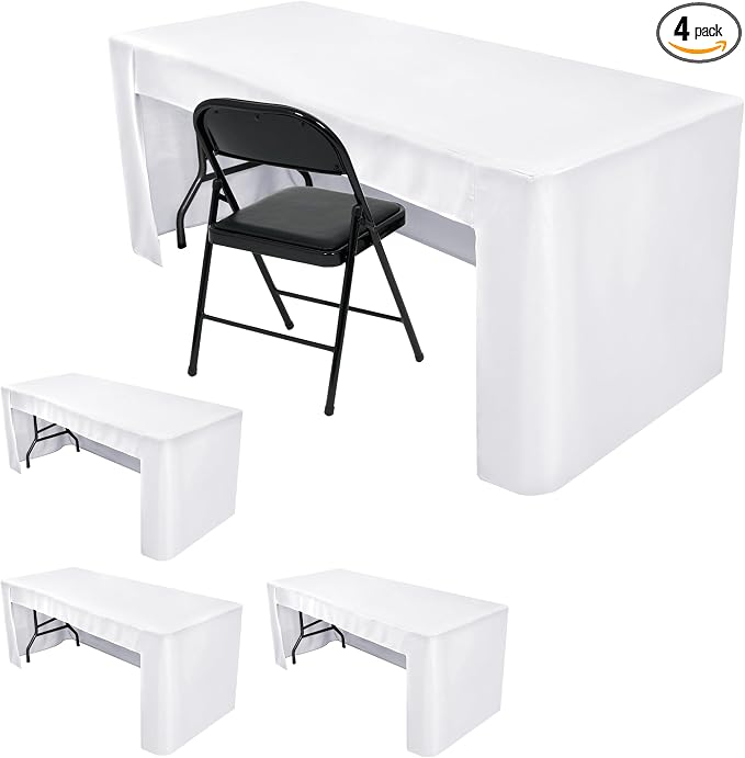 HolidayIdeas 4-Pack 8ft Open Back Fitted Tablecloths for Craft Shows White | 3-Sided coverage wrinkle resistant tablecloths for vendor booths,banquet events,outdoor pop-up shop