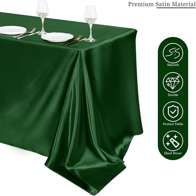 TURSTIN 4 Packs Satin Tablecloth 102 x 58 Inch Overlay Satin Table Cover Rectangle Bright Silk Tablecloth Smooth Fabric Table Decoration for Wedding Banquet Party Events, Dark Green