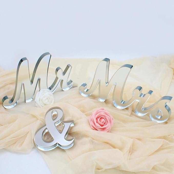 Mr & Mrs Sign for Wedding Table Decor,Large Acrylic Mr and Miss Sign,Photo Props, Freestanding Wedding Centerpiece Table Letters for Anniversary,Party (Transparent, 0.7'')