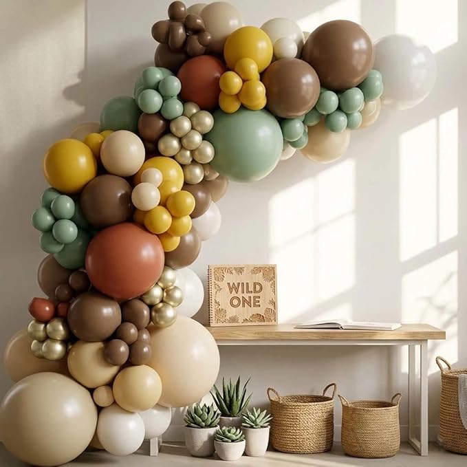 Green Brown Balloon Arch Double Stuffed Latex Sage Green White Gold Balloons Mustard Yellow White Balloon Garland For Birthday Baby Shower Safari Jungle Wooland Garden Theme Party Decor