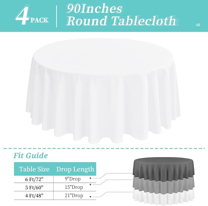 4 Pack 90 Inch White Round Polyester Tablecloths - Wrinkle & Stain Resistant, Ideal for Weddings, Banquets, Parties