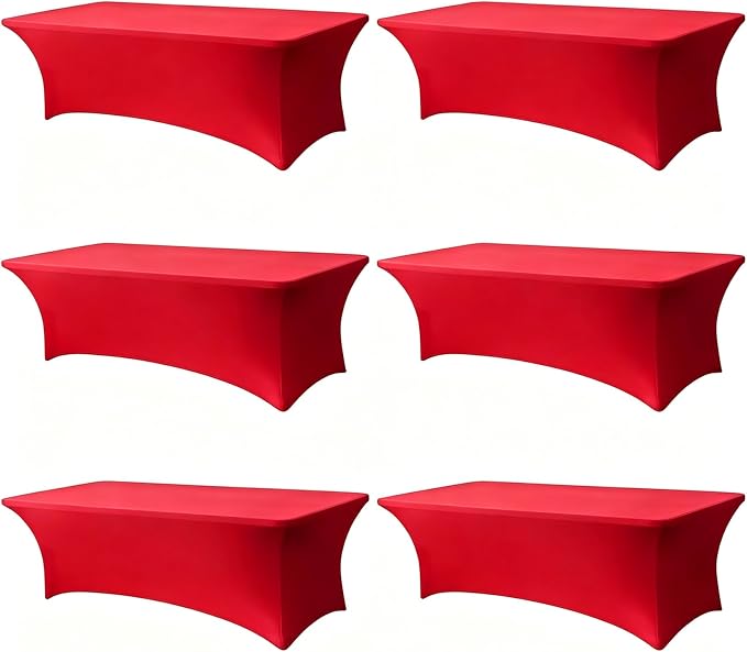 Red Spandex Tablecloth 6 Pack, 8FT Fitted Stretch Table Cloth with Reinforced Foot Pockets for 96 x 30 x 30 Inch Rectangle Tables, Washable Table Covers for Trade Shows, Weddings, Parties
