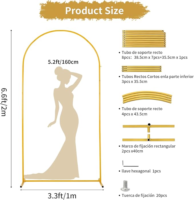 6.6FT Arch Backdrop Stand, Gold Metal Balloon Arch Stand for Wedding, Backdrop Arch Stand for Birthday Party, Baby Shower, Graduation, Anniversary Decoration