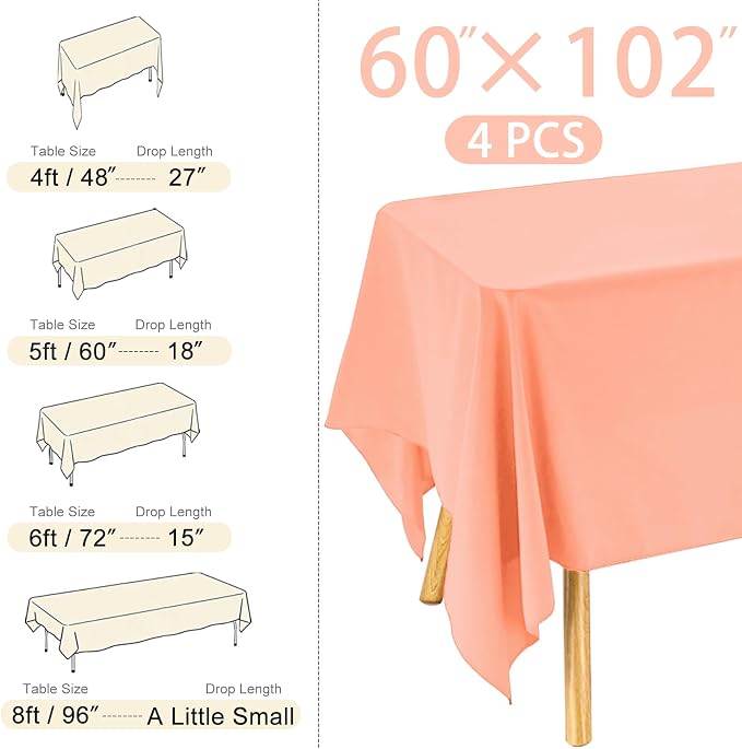 4 Pack Rectangle Tablecloth for 6 Foot Tables Washable Polyester Table Cover for Wedding Dining Table Parties Banquet（60x102 Peach Coral）
