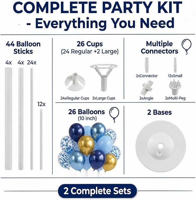 Balloon Column Kit Set of 2, Anti-Tip Sand-Fill Base Balloon Tower Stand with 10" 26pc Blue Gold Confetti Balloons, Height Adjustable for Easter Birthday Wedding Bridal Party Decorations