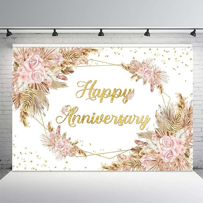 MEHOFOND 10x7ft Boho Happy Anniversary Backdrop Pampas Grass Engagement Banner Bohemia Couple Love Cheers Years 50th Wedding Birthday Party Decorations Blush Pink Floral Photography Background