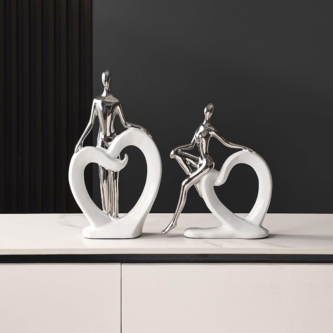 Ceramic Statues Aesthetic Abstract Couple and Heart Sculpture Modern Home Decor Decorative Statue for Living Room Bedroom Bookshelf Table Centerpiece Office (White and Silver)
