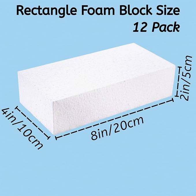 YOUEON 12 PCS Craft Foam Blocks, 8x4x2 Inch White Thick Foam Rectangle Blocks, Polystyrene Bricks for Arts and Crafts, Sculptures, Modeling, Packing, School, Home