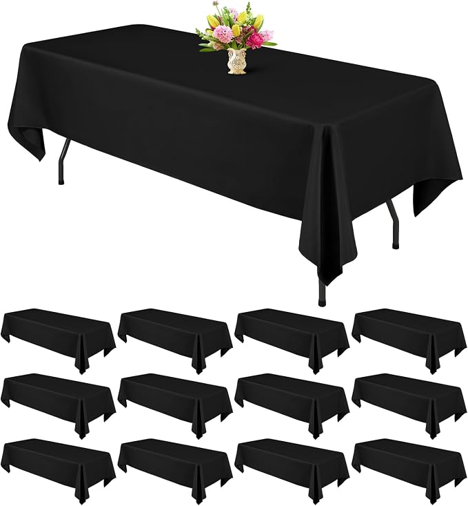 Teruntrue 12 Packs Tablecloths 60x102 inch Black Rectangle Table Cloth for 6 Foot Rectangle Tables, Washable Polyester Fabric for Wedding Parties Banquet Holiday Dinner Table Decorative, Black