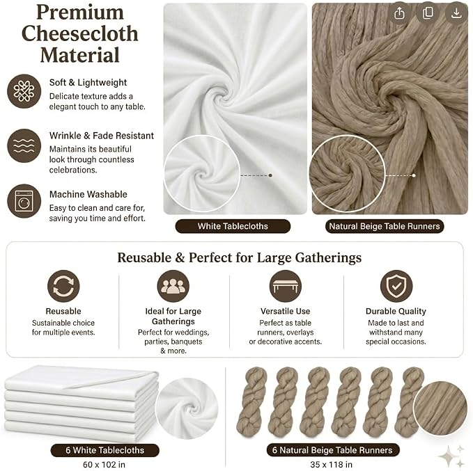 Cinrobiye 12 Pack Boho Wedding Table Decor Set, 6 White Tablecloths and 6 Cheesecloth Table Runners, Gauze Table Runner and Tablecloth Kit for Wedding Baby Shower Bridal Shower Party Reception(Coffee)