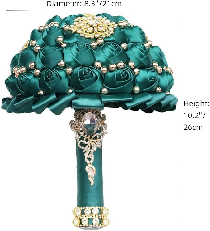 Emerald Green Bridal Wedding Bouquet Luxury Gold Rhinestone Brooch Bouquet for Bride Bridesmaid Quinceanera Satin Rose Artificial Flower Bouquet Wedding Emerald Green 8.3in