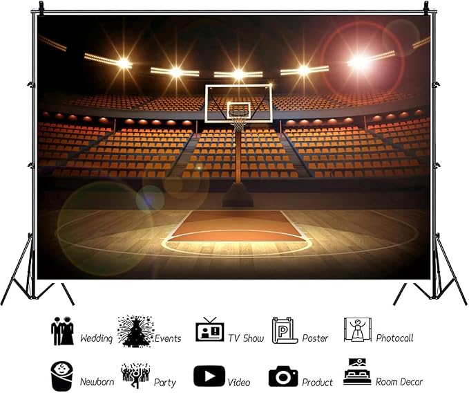10x7ft Basketball Court Photography Backdrop Spotlight Sports Indoor Stadium Match Arena Game Background Boy Man Youngsters Artistic Portrait Photo Shoot Studio Video Props Vinyl Wallpaper