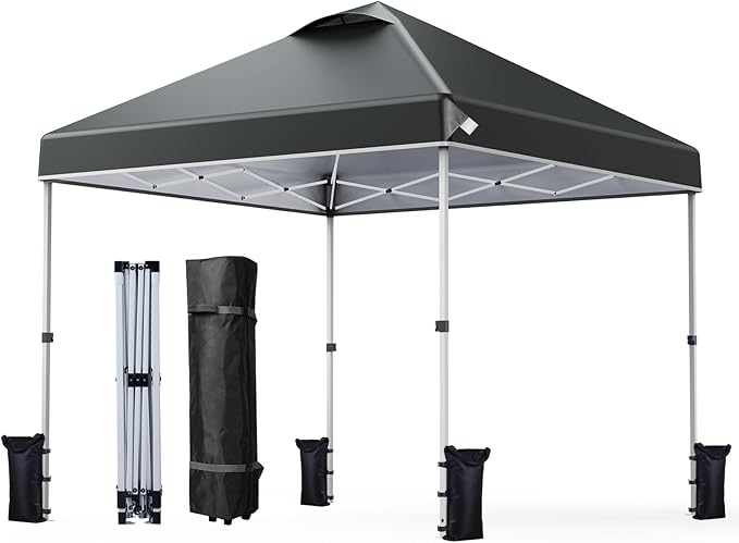 Nazhura 10' x 10' Pop Up Canopy Tent with Sand Weight Bag, Awing for Patio, Freestanding Sun Shelter for Picnic and Camping, One Person Setup, White (Grey)