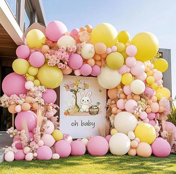 Pastel Pink Yellow Balloon Arch, Double Stuffed Light Yellow Pink Ivory Balloon Garland Kit Latex Peach White Beige Balloons for Birthday Baby Shower Easter Wedding Bridal Shower Bee Bear Party Decor