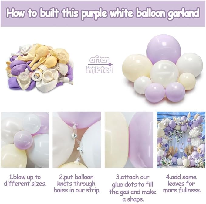 Pastel Purple White Balloon Garland - Double Stuffed Lavender Light Purple Cream Balloon Arch Kit Pearl Lilac White Ivory Color for Birthday Baby Shower Bridal Wedding Butterfly Fairy Party Decor