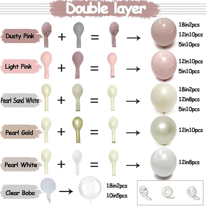 Dusty Pink White Beige Balloon Arch, Double Stuffed Pink Mauve Pearl White Nude Gold Balloon Garland Kit Boho Blush Cream Balloons for Birthday Baby Shower Bridal Wedding Mother's Day Party Decor