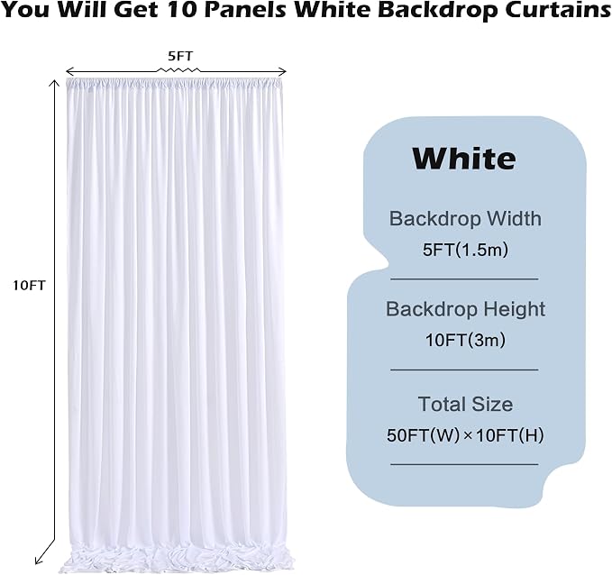 50ft x 10ft Wrinkle Free White Backdrop Curtains for Parties Wedding, 10 Panels 5x10ft Silky Soft Polyester Photo Backdrop Drapes for Party Birthday Baby Shower Photography Cloth Background