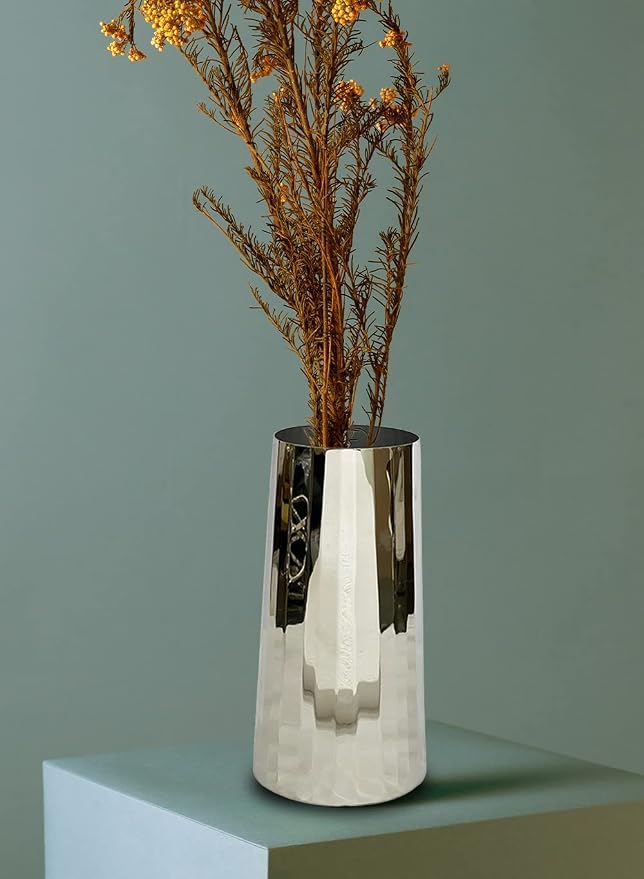 Serene Spaces Living Large Silver Cylinder Metal Vase, Elegant Flower Vase for Wedding, Anniversary, Home Decor, Table Centerpiece for Coffee Table, Dining Table, Countertop, 4.25" Dia & 9" Tall