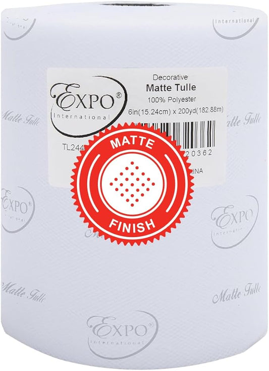 Expo International Decorative Matte Tulle, Roll/Spool of 6” X 200 Yards, Lightweight Polyester Tulle Fabric for Tutus, Costumes, and Party Decorations, Washable, Easy-to-Use, White