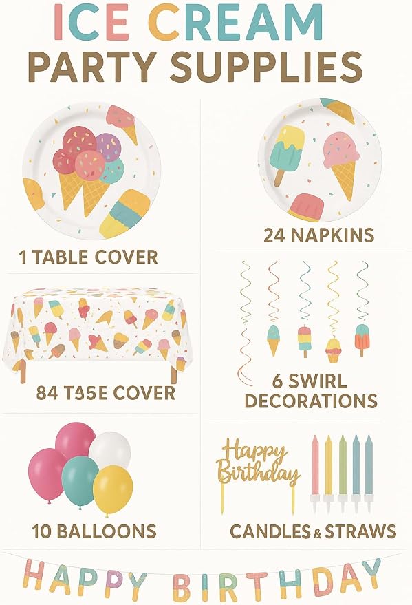 Serves 24 Complete Ice Cream Party Supplies Includes Plates Napkins, Table Covers, Balloons, Swirls, Happy Birthday Banner, Cake Topper, Candles, Straws Ideal for Ice Cream Popsicle Theme Party