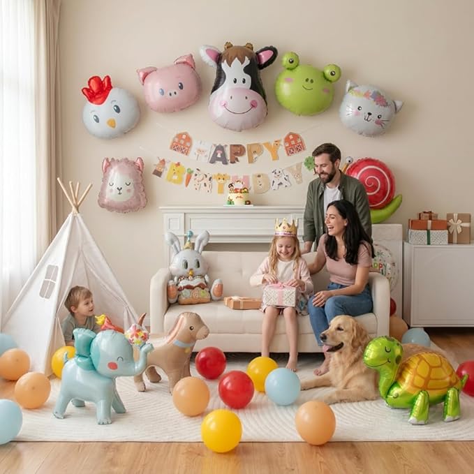 48 PCS Happy Birthday Farm Animals Foil Balloon Decorations Kit for Kids Birthday, Farm Theme Cow Chicken Pig Sheep All-In-One Party Supplies with Birthday Banner for Boys Girls Kids