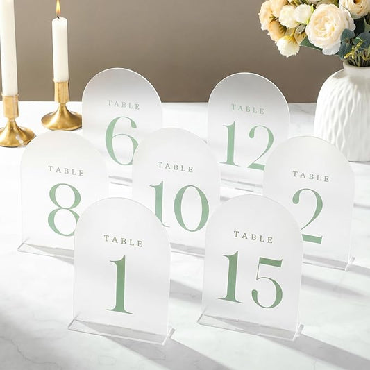 15 Pcs Frosted Arch Wedding Table Numbers with Stands 1-15, 5"x7" Acrylic Display Signs and Holders, Perfect for Centerpiece, Reception, Party, Anniversary, Banquet, Event (Sage Green)