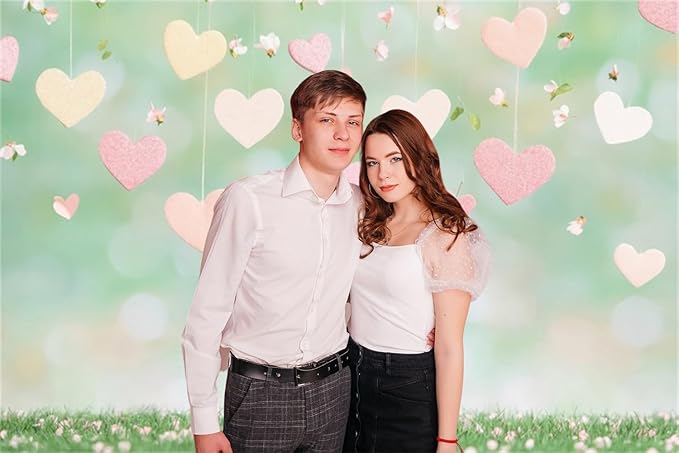 9x6ft Vinyl Green Valentines Backdrop Light Green Grass Hearts Photo Background Bridal Engagement Valentines Backdrop for Photography Party Decorations