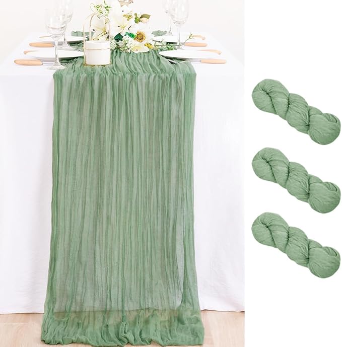 MLMC 3 Pack Sage Green Table Runner 10ft Rustic Boho Cheesecloth Table Runner Spring Cheese Cloth Centerpiece Decor 35x120 Inches for Wedding Bridal Baby Shower Decor