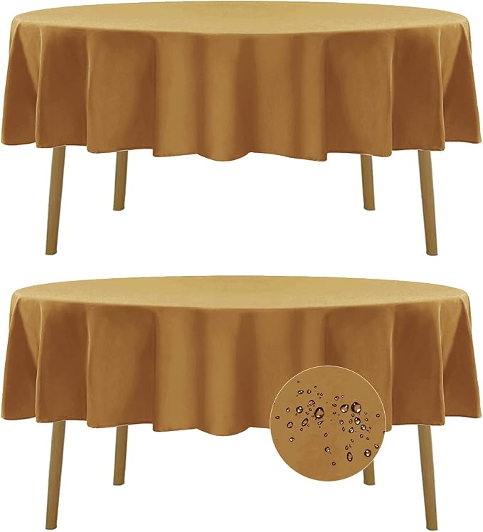 Fokitut 2 Pack Waterproof Round Tablecloth, 60 Inch, Stain Resistant and Wrinkle Polyester Table Cloth, Fabric Table Cover for Kitchen Dining, Wedding, Party, Holiday Dinner-Gold